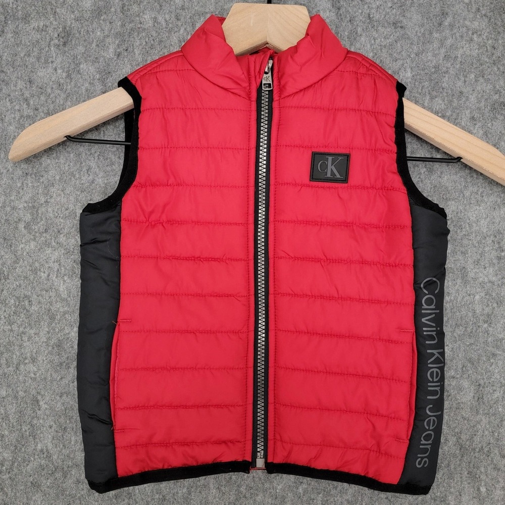 Calvin Klein Jeans Vest Boys Toddler 18M Red Black‎ Puffer Quilted Zip Logo Coat